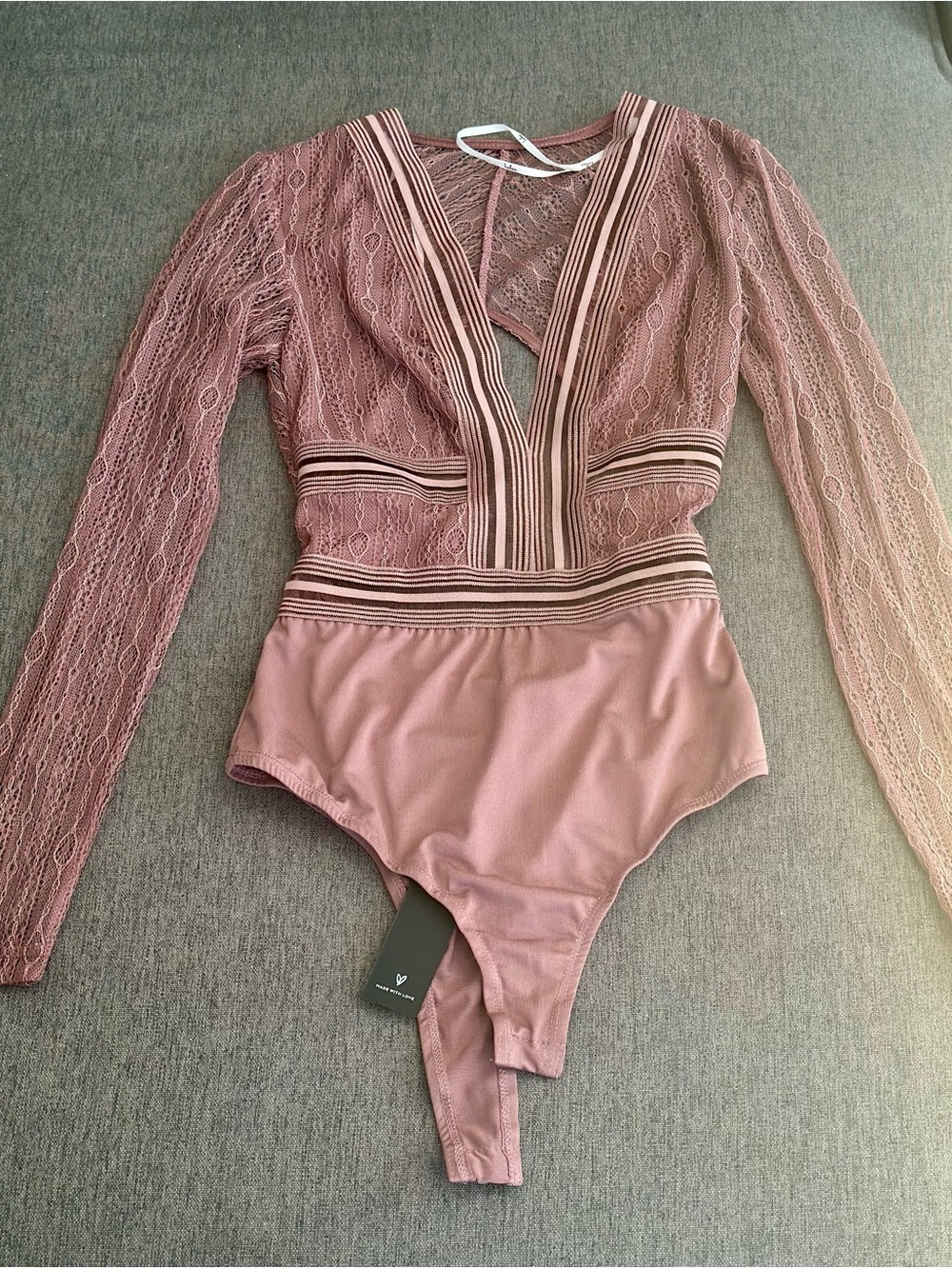 Lulu's Mauve Pink Lace Deep V-Neck Bodysuit